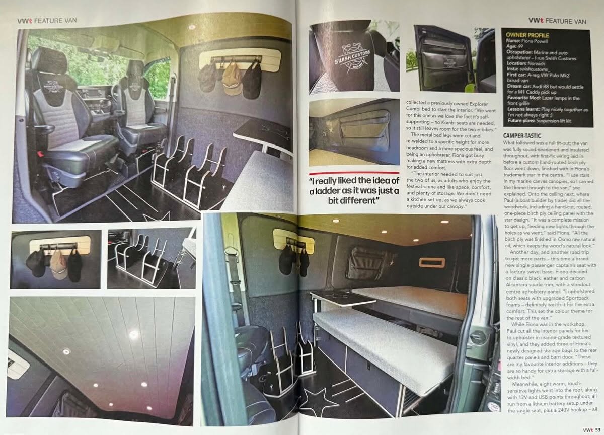 VWt magazine opening spread of Fiona's T6.1 camper