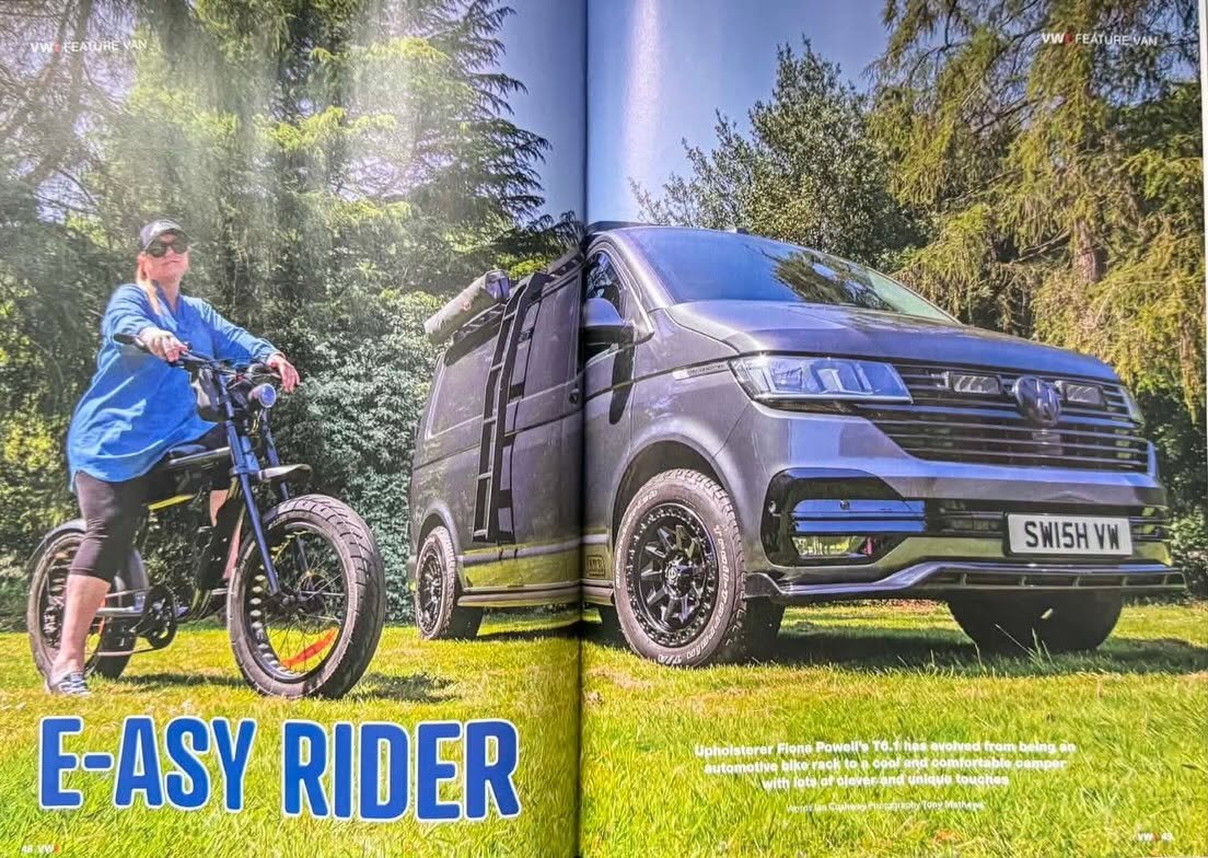 Magazine spread showing the van interior