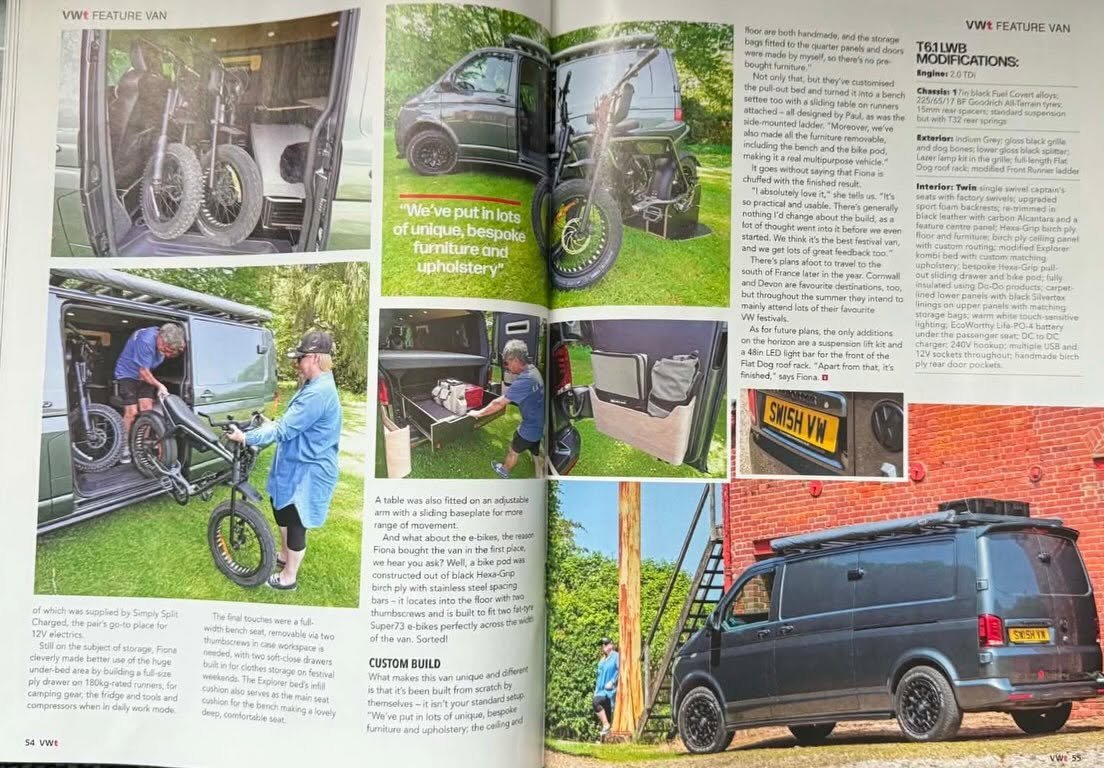 Magazine spread showing the bike pod and storage