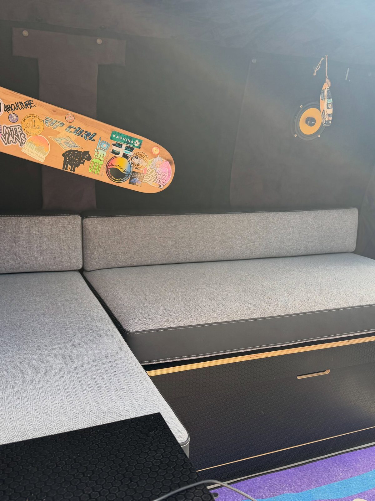Grey herringbone van lounge cushions